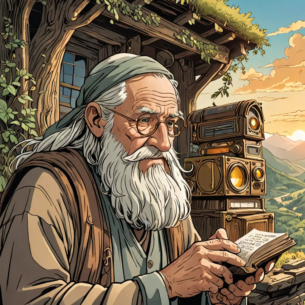 a man with a long beard and a beard reading a book in front of a mountain landscape with a radio, Dan Mumford, fantasy art, a comic book panel, official art