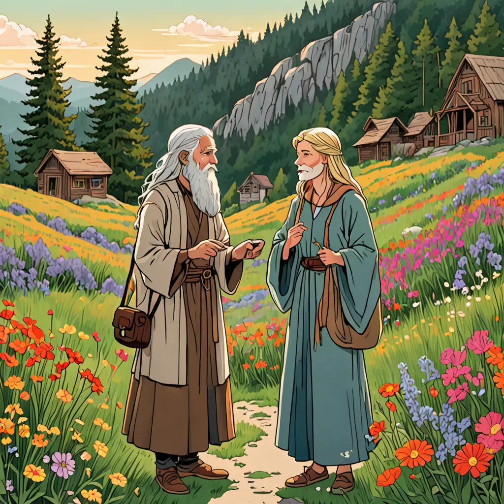 a painting of a man and woman standing in a field of flowers with a mountain in the background and a house in the distance, Brothers Hildebrandt, fantasy art, a storybook illustration, storybook illustration