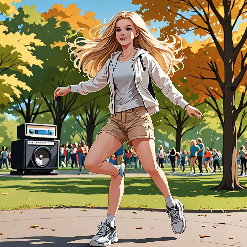 a woman is running on a sidewalk in a park with a boombox in the background and a crowd of people, Altichiero, american scene painting, a storybook illustration, official art