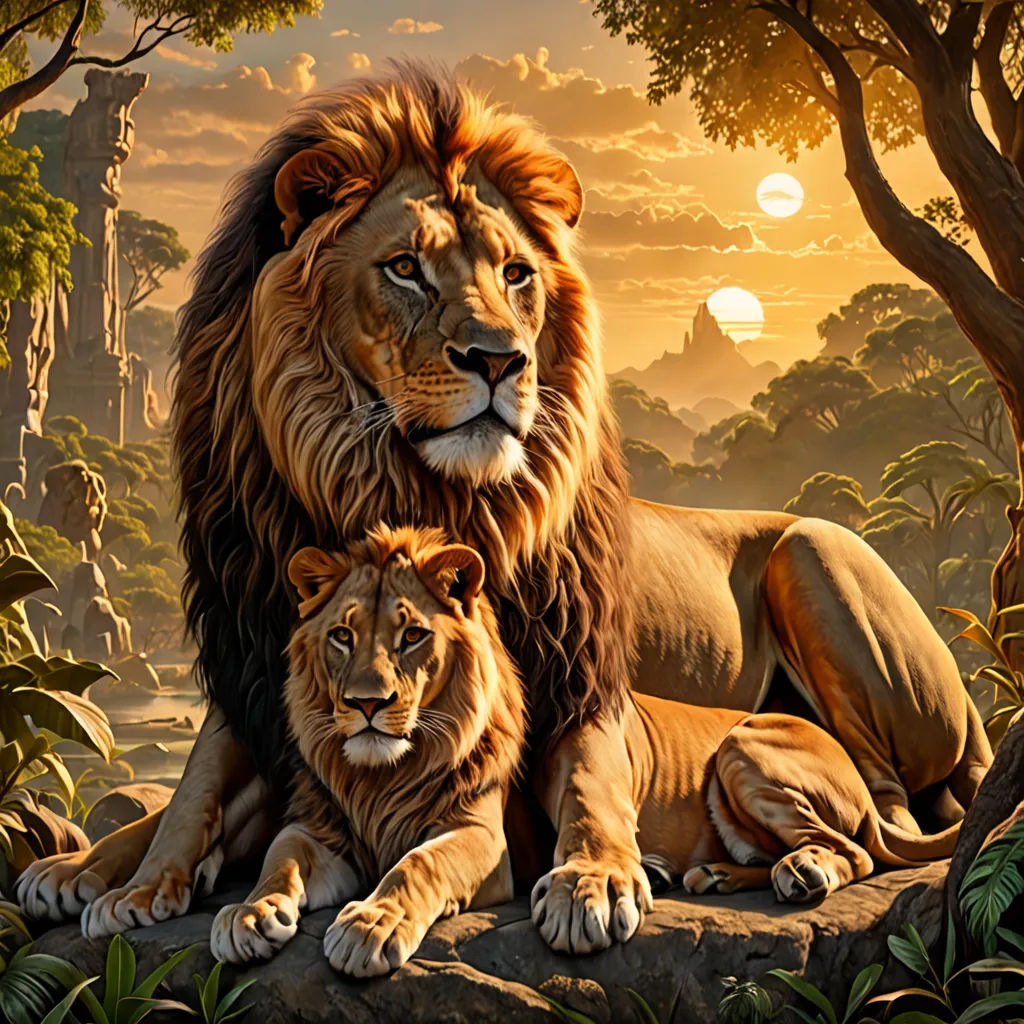 a lion and a lion cub sitting on a rock in a jungle setting with the sun setting behind them, fantastic realism, an airbrush painting, Brothers Hildebrandt, highly detailed digital painting