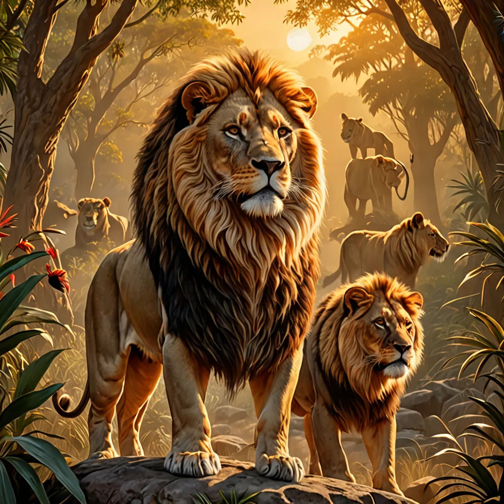 a painting of a lion and two lions in a jungle setting with other animals in the background and a sun setting behind them, sots art, a digital painting, Chris LaBrooy, photoreal
