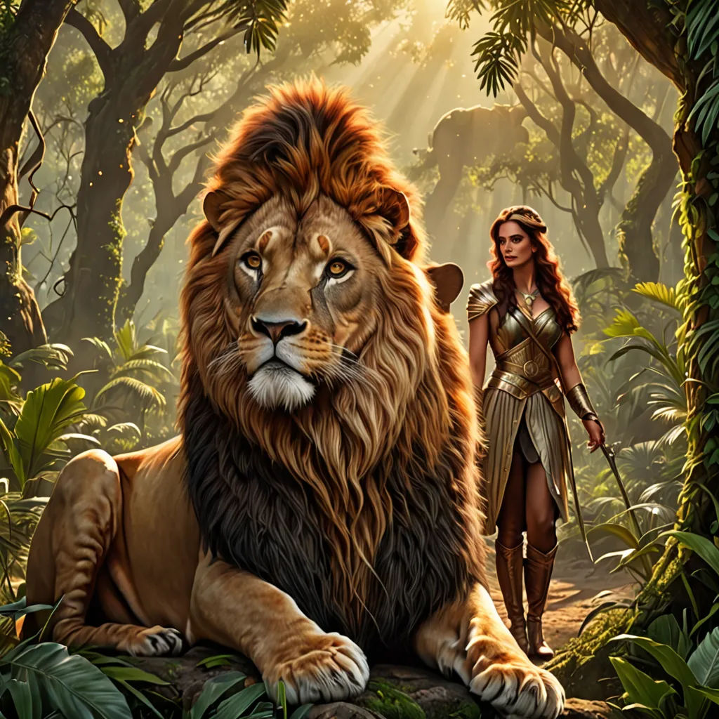 a woman standing next to a lion in a forest with trees and bushes behind her, with a sword in her hand, fantasy art, poster art, Chris LaBrooy, promotional image