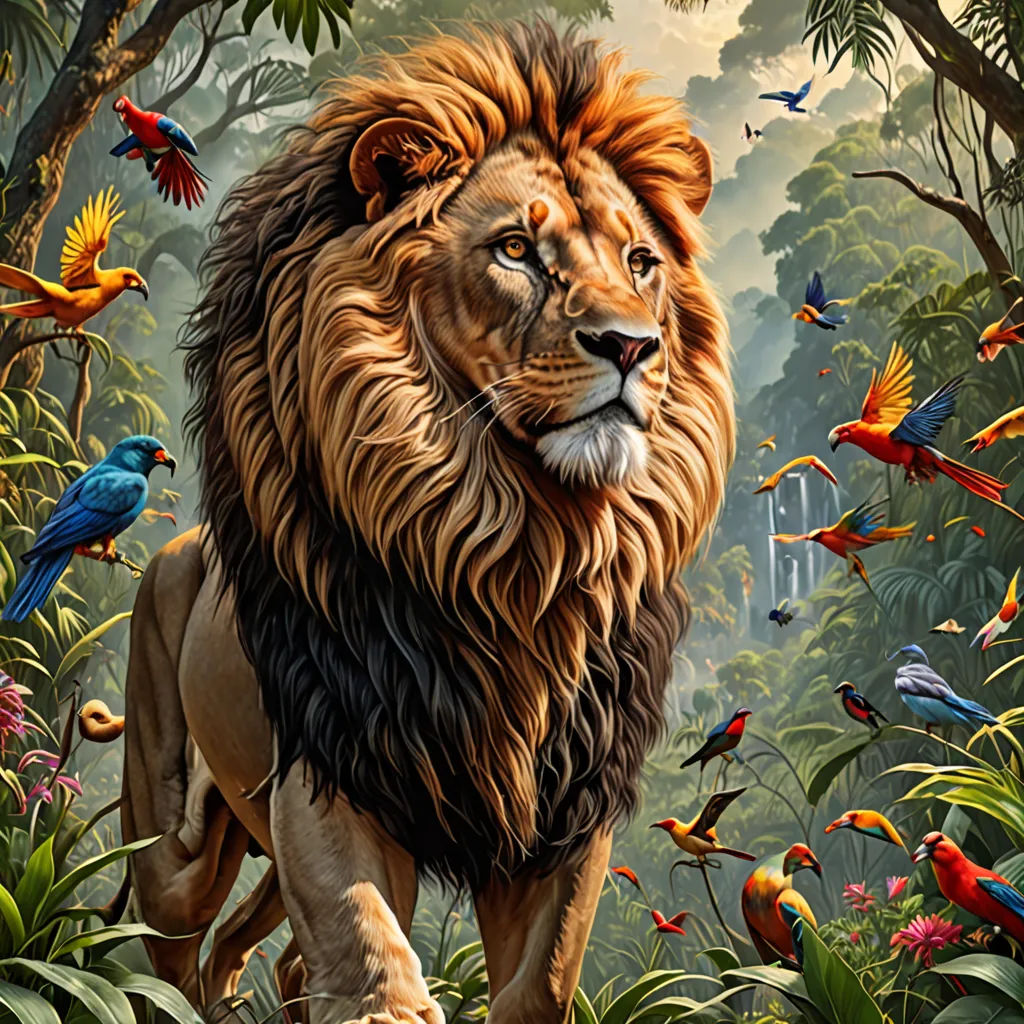 a lion walking through a jungle filled with birds and trees, with a bird in the background and a bird in the foreground, fantasy art, an airbrush painting, Chris LaBrooy, highly detailed digital painting