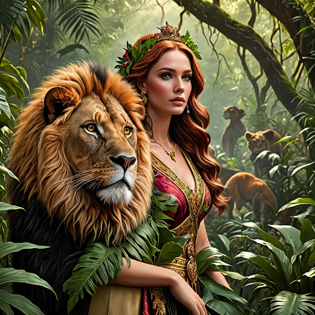 a woman in a jungle with a lion in her arms and a jungle background with animals in the background, fantasy art, a photorealistic painting, Edward George Handel Lucas, highly detailed digital painting