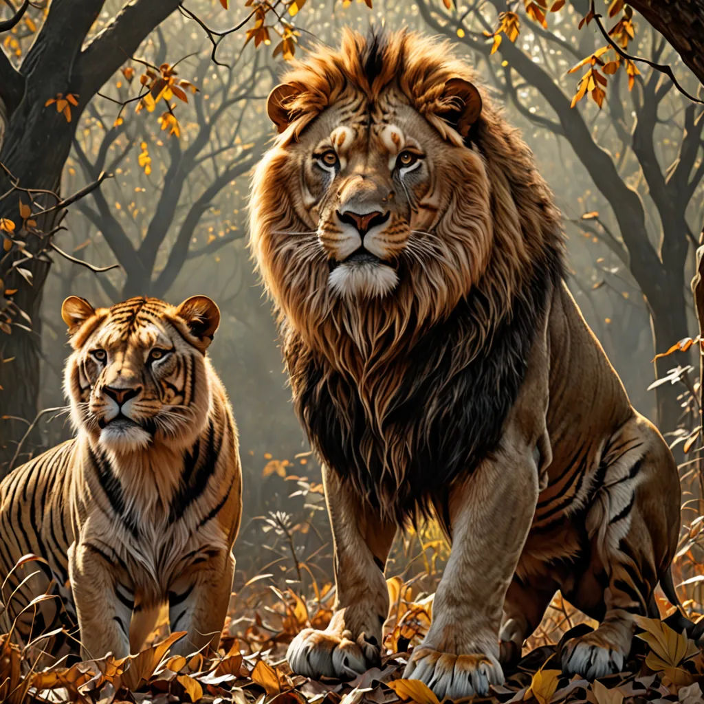 two lions standing in a forest with trees in the background and leaves on the ground and leaves on the ground, fantasy art, a digital painting, Chris LaBrooy, wildlife photography