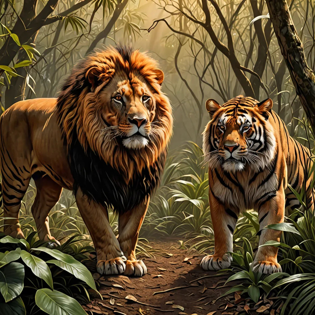 two tigers walking in the jungle with trees and plants behind them, with sunlight shining through the trees and leaves, fantasy art, a digital painting, Brothers Hildebrandt, highly detailed digital painting