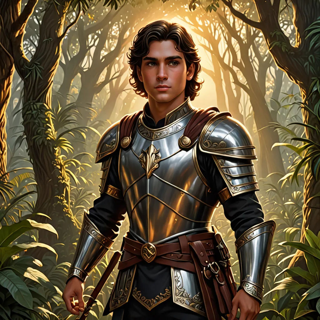 a man in a suit of armor standing in a forest with a sword in his hand and a sword in his hand, fantasy art, a character portrait, Brothers Hildebrandt, epic fantasy character art