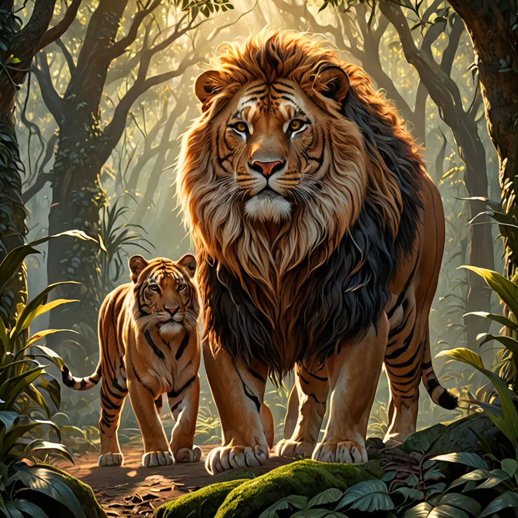 a painting of two lions in a forest with trees and grass in the background, with sunlight streaming through the trees, fantasy art, an oil painting, Brothers Hildebrandt, highly detailed digital painting