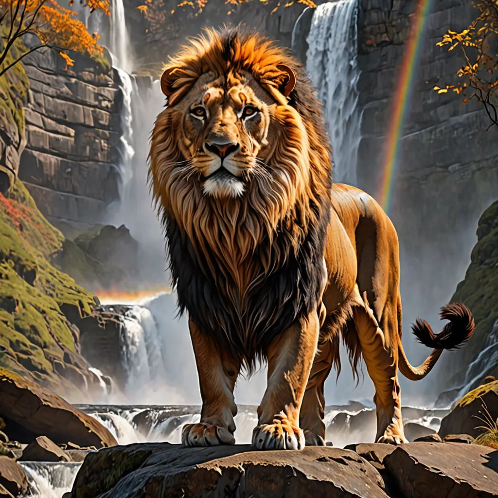 a lion standing on a rock in front of a waterfall with a rainbow in the background and a rainbow in the sky, fantasy art, an airbrush painting, Chris LaBrooy, photoreal