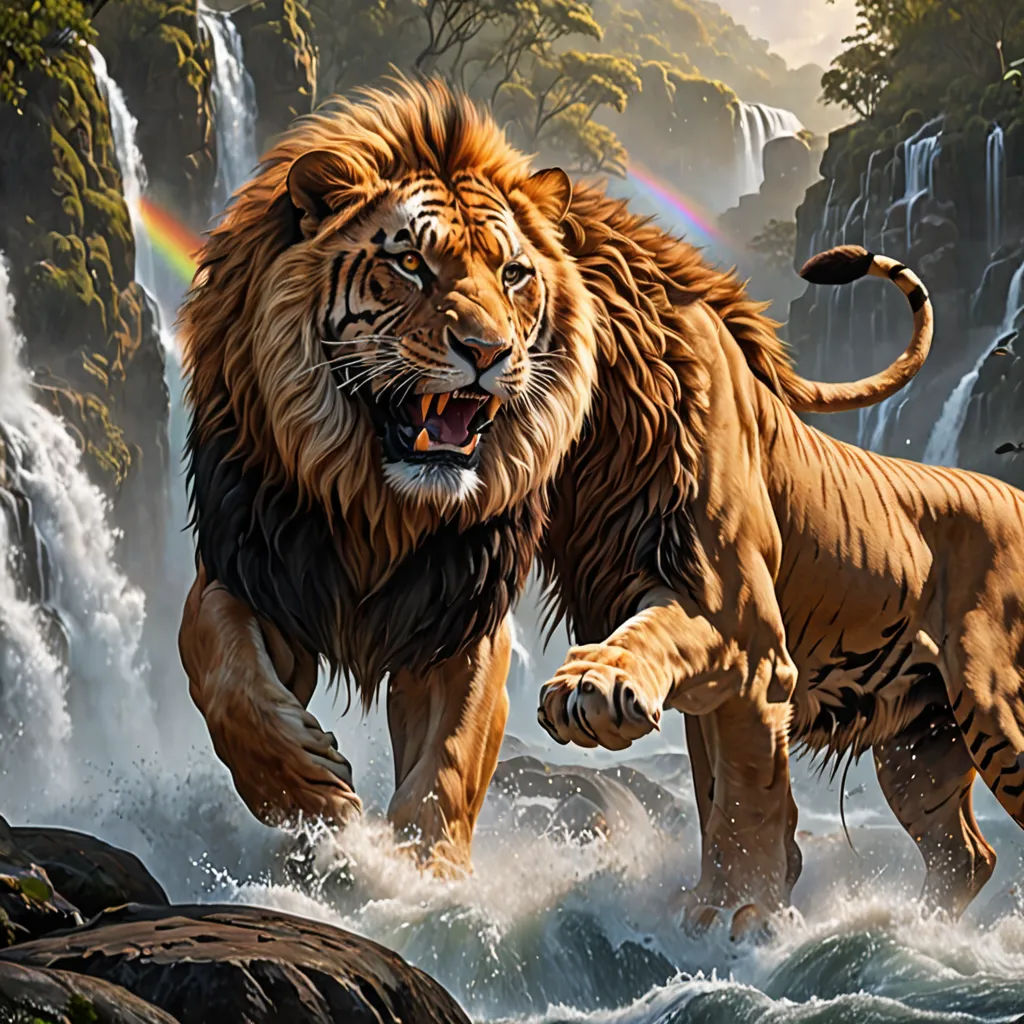 a painting of two lions in a river with a waterfall in the background and a rainbow in the sky, fantasy art, a digital painting, Anne Stokes, highly detailed digital painting