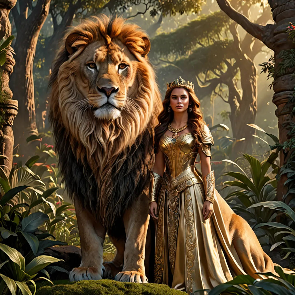 a woman in a golden dress standing next to a lion in a forest with trees and bushes behind her, magical realism, a poster, Edward George Handel Lucas, promotional image
