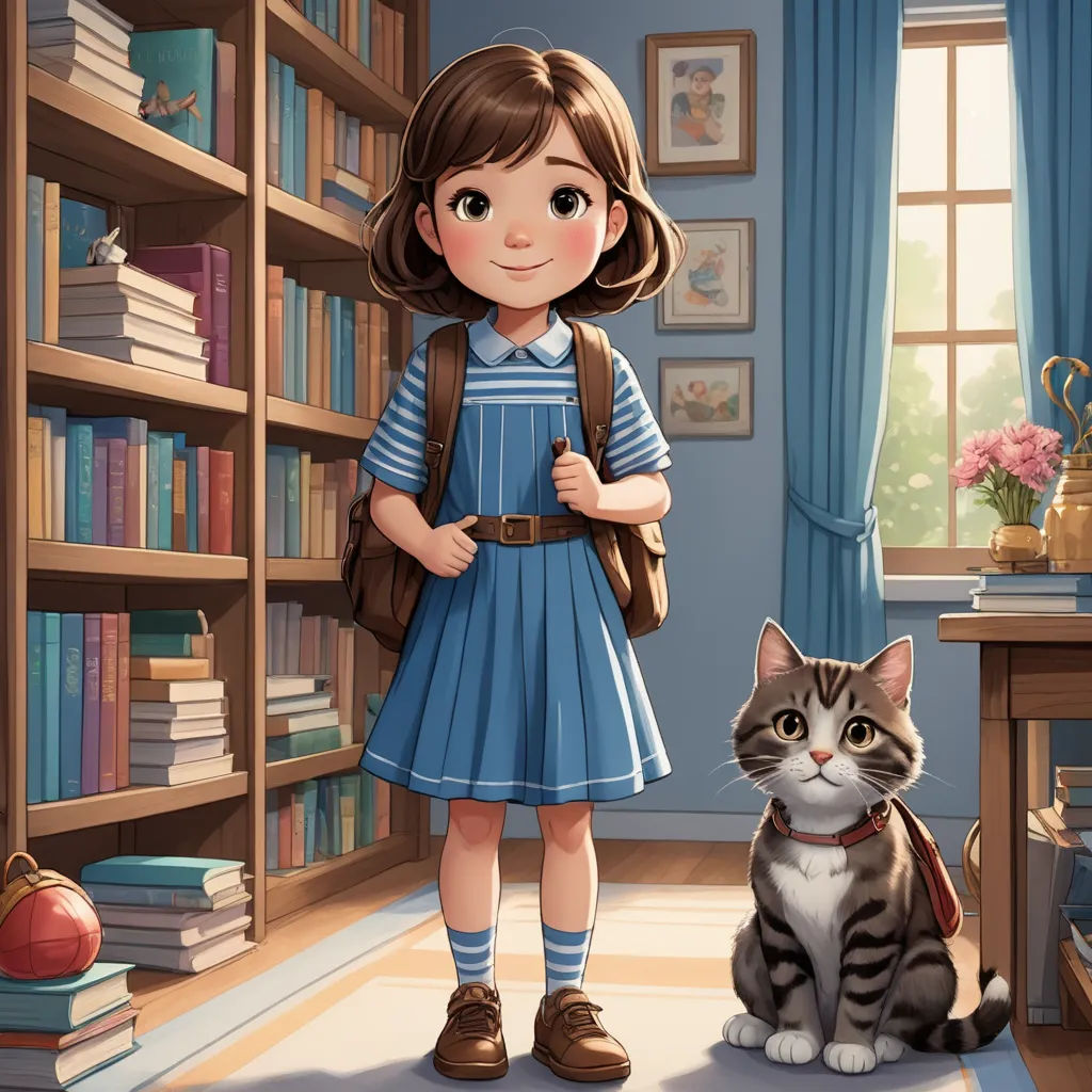 a girl in a blue dress standing next to a cat in a library with bookshelves and a cat, art & language, a storybook illustration, Diego Gisbert Llorens, storybook illustration