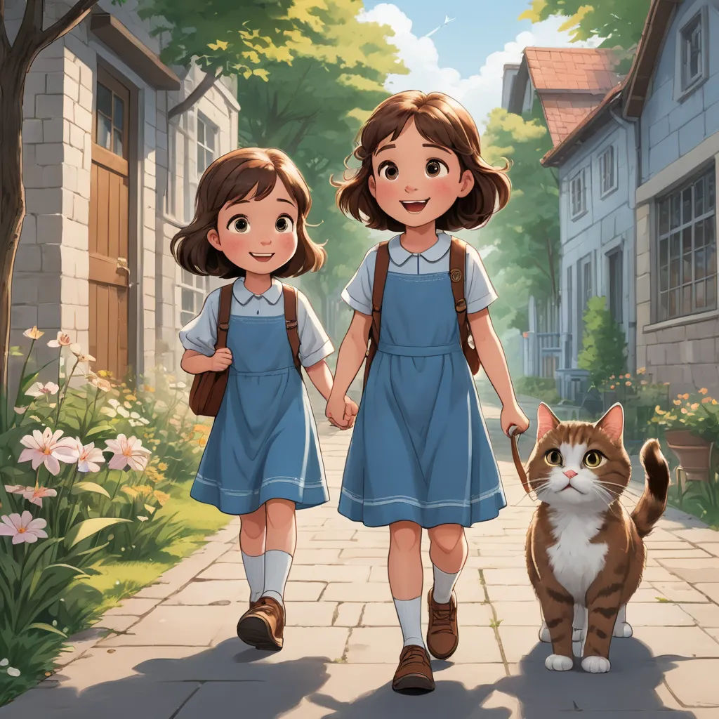 two children walking down a street with a cat on a leash behind them, and a cat on the sidewalk, furry art, a storybook illustration, Anne Said, official art