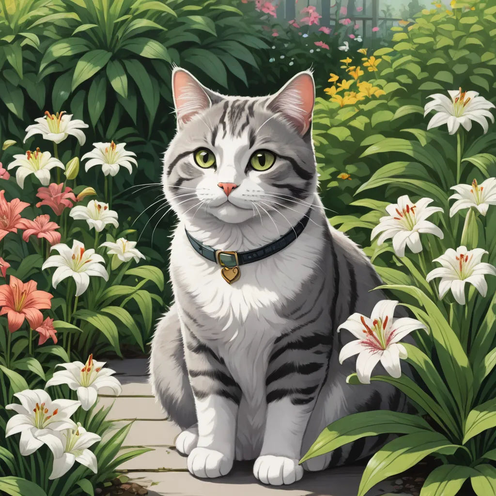 a cat sitting in a garden with flowers and plants around it, looking at the camera with a green eyed stare, sots art, a character portrait, Felix Octavius Carr Darley, official art