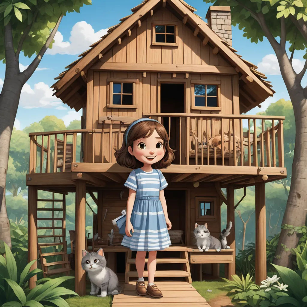 a girl standing in front of a house with cats in the yard and a cat on the porch and a cat on the ground, american scene painting, a storybook illustration, Alice Prin, storybook illustration
