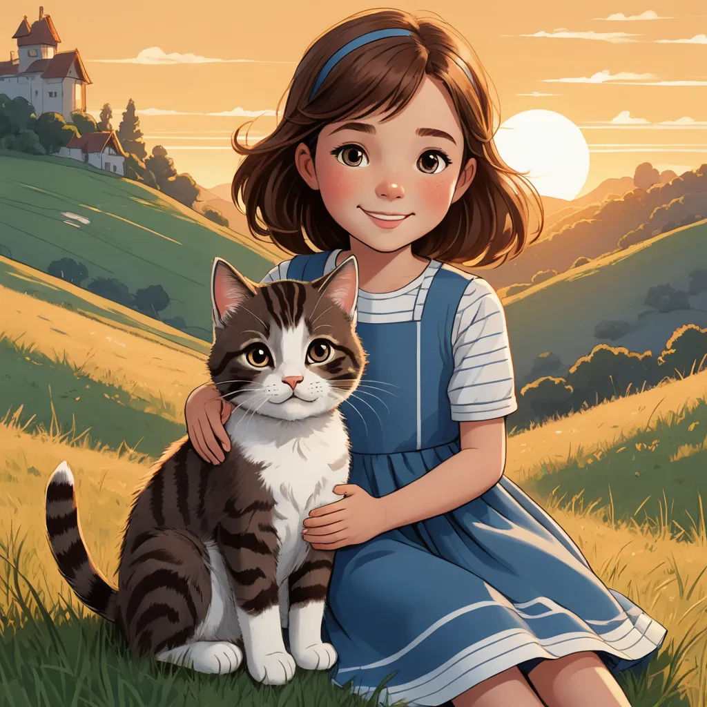 a girl in a dress holding a cat in a field with a sunset in the background and a castle in the background, sots art, a storybook illustration, Alice Prin, comic cover art
