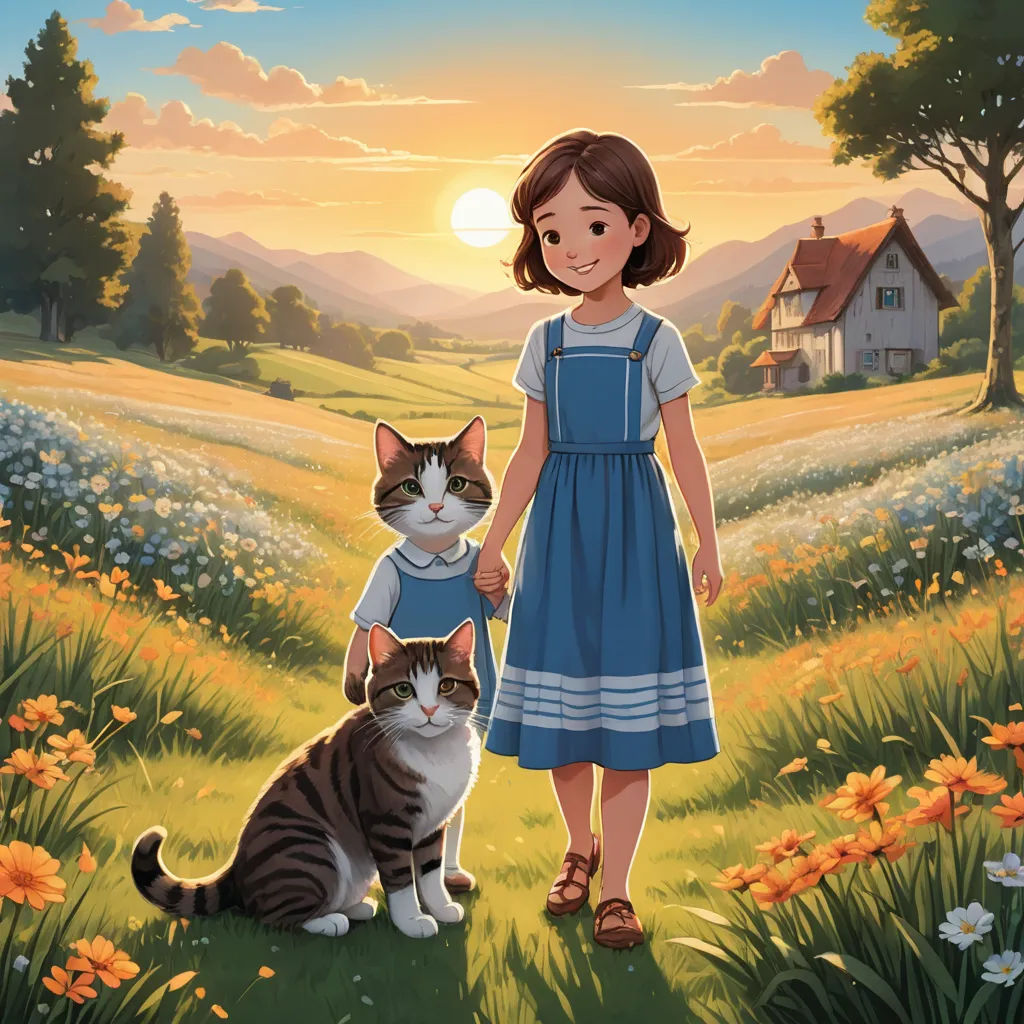 a girl in a blue dress holding a cat in a field of flowers with a house in the background, sots art, a storybook illustration, Anne Said, official art