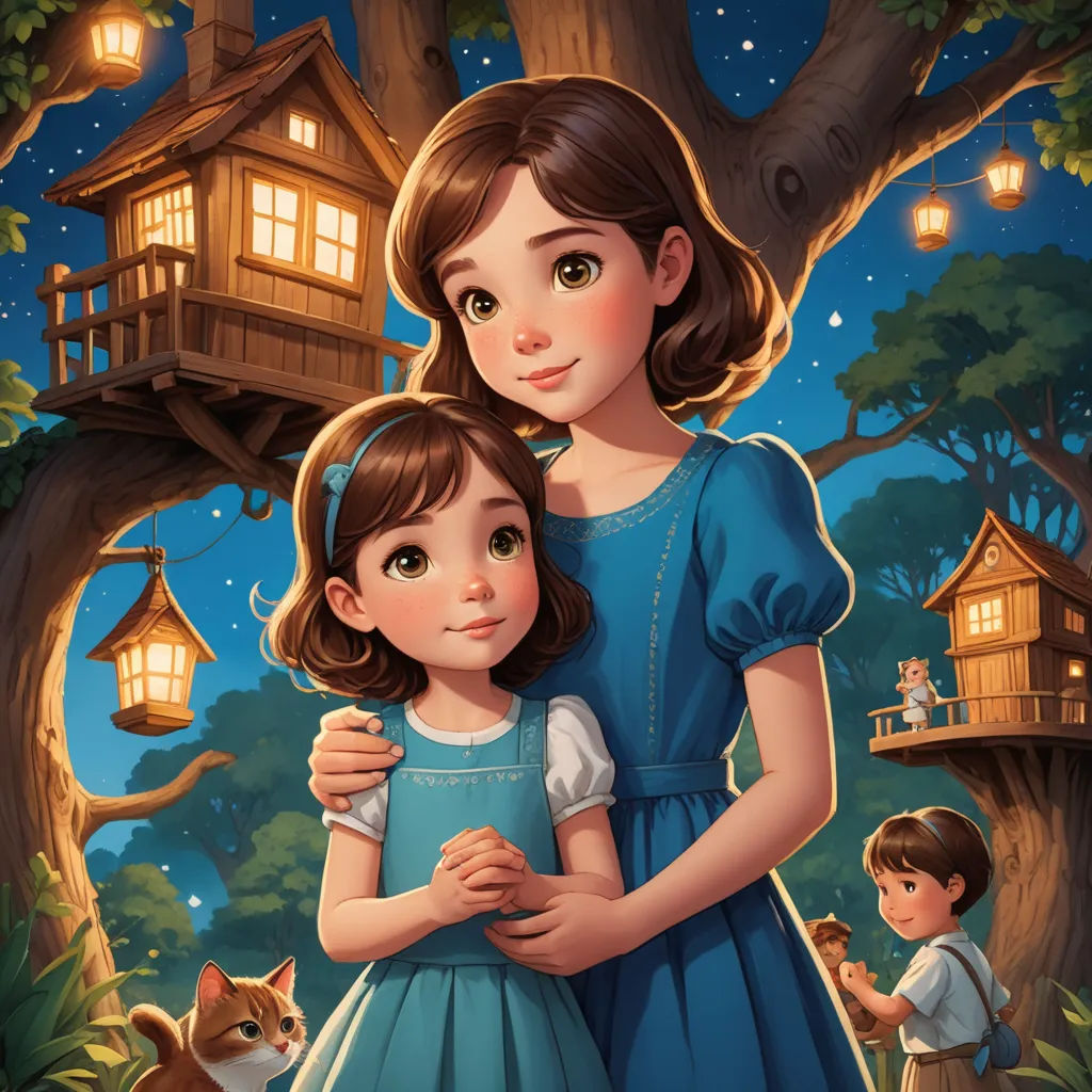 a painting of a girl and a cat in a forest with a tree house in the background and a cat looking at her, fantasy art, a storybook illustration, Alice Prin, storybook illustration