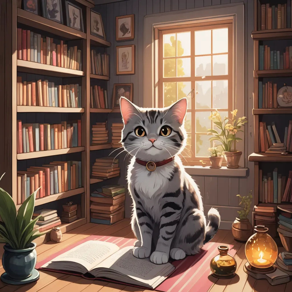 a cat sitting on a rug in a room with a bookcase and a potted plant in the corner, fantasy art, a storybook illustration, Chris LaBrooy, trending on art station
