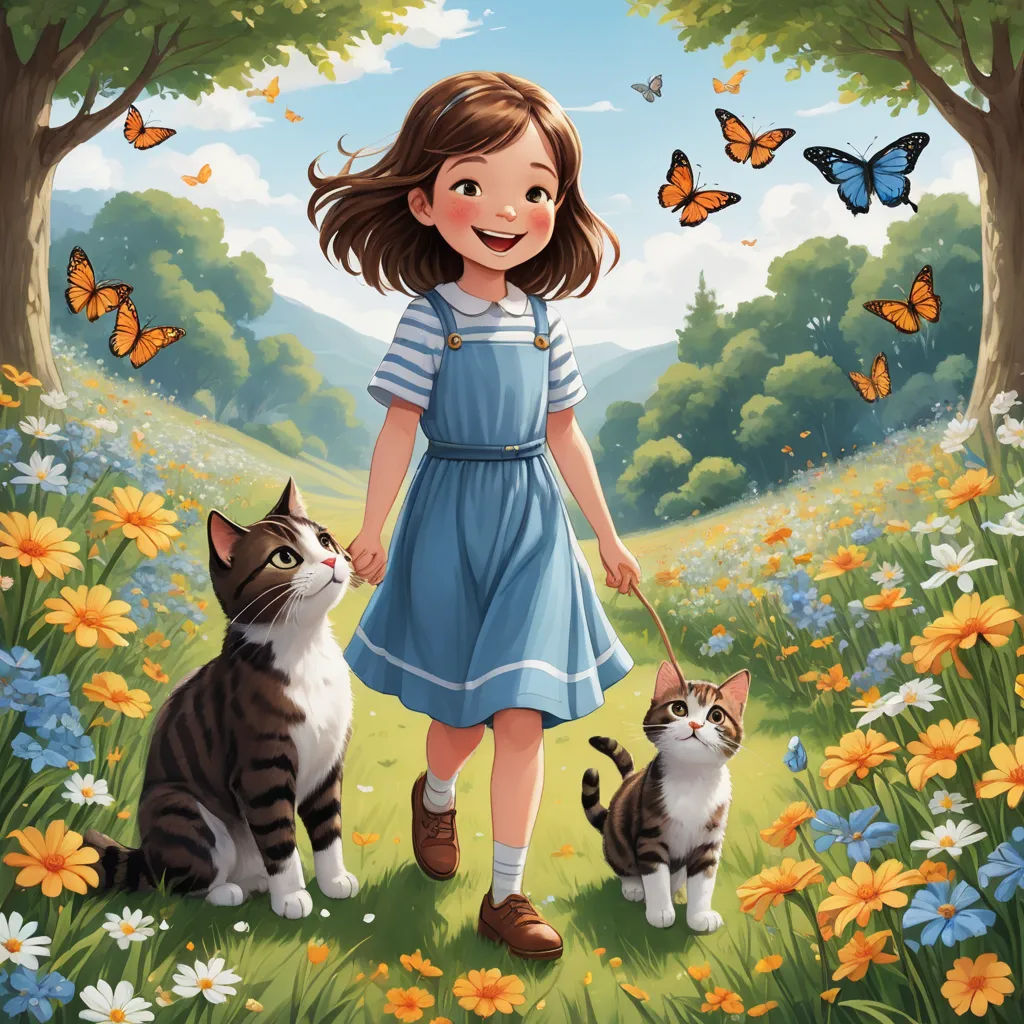 a girl in a blue dress is holding a cat and a cat is standing in a field of flowers, magical realism, a storybook illustration, Anne Said, comic cover art