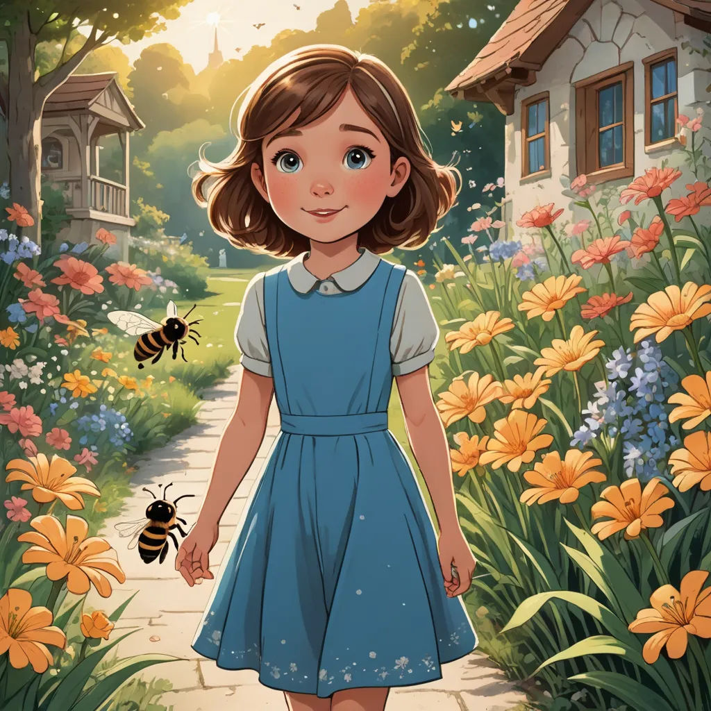 a little girl in a blue dress is walking through a garden with flowers and a bee on the ground, fantasy art, a storybook illustration, Alice Prin, official art