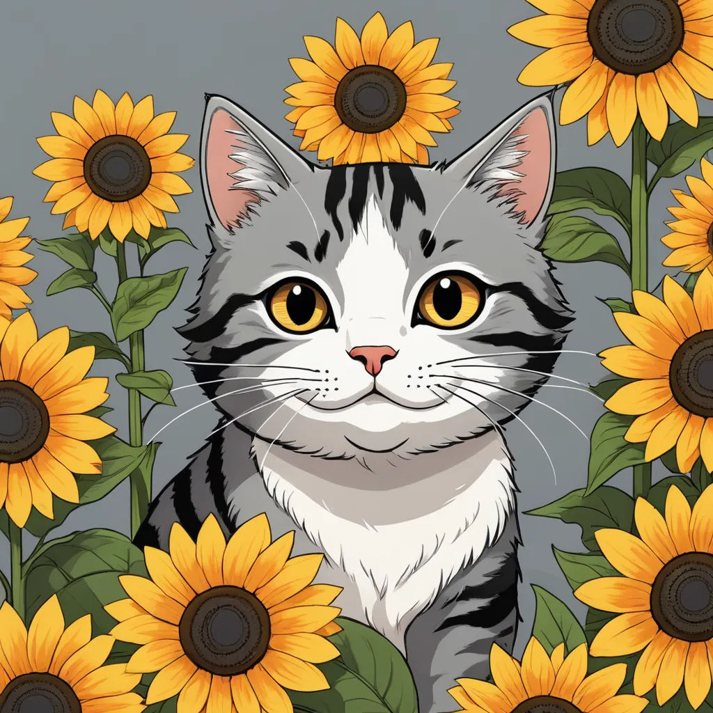 a cat sitting in a field of sunflowers with a gray background and a gray background with a black and white cat, furry art, a character portrait, Dave Melvin, sunny