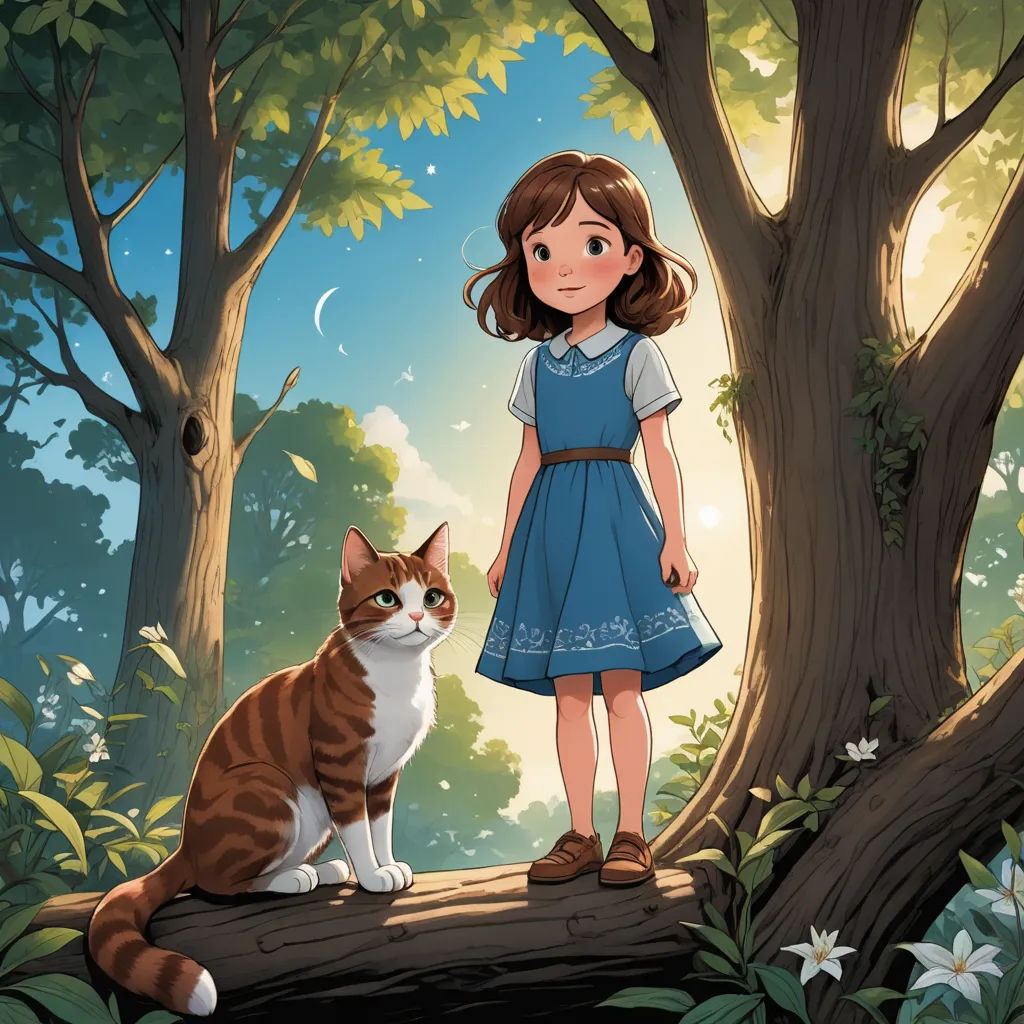 a girl standing next to a cat in a forest with a tree trunk and flowers on the ground and a sun shining through the trees, magical realism, a storybook illustration, Alice Prin, official art