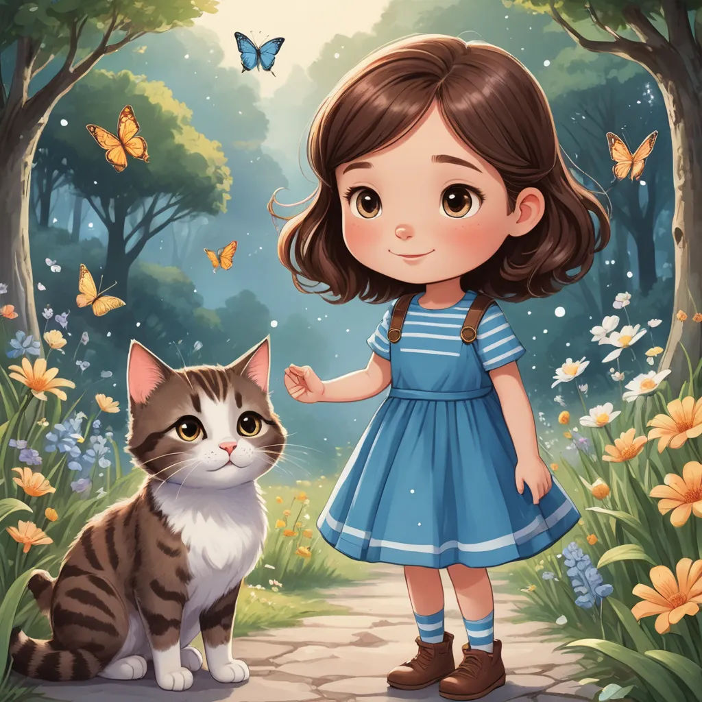 a little girl standing next to a cat in a forest with butterflies flying overhead and a butterfly on her hand, fantasy art, a storybook illustration, Alice Prin, storybook illustration