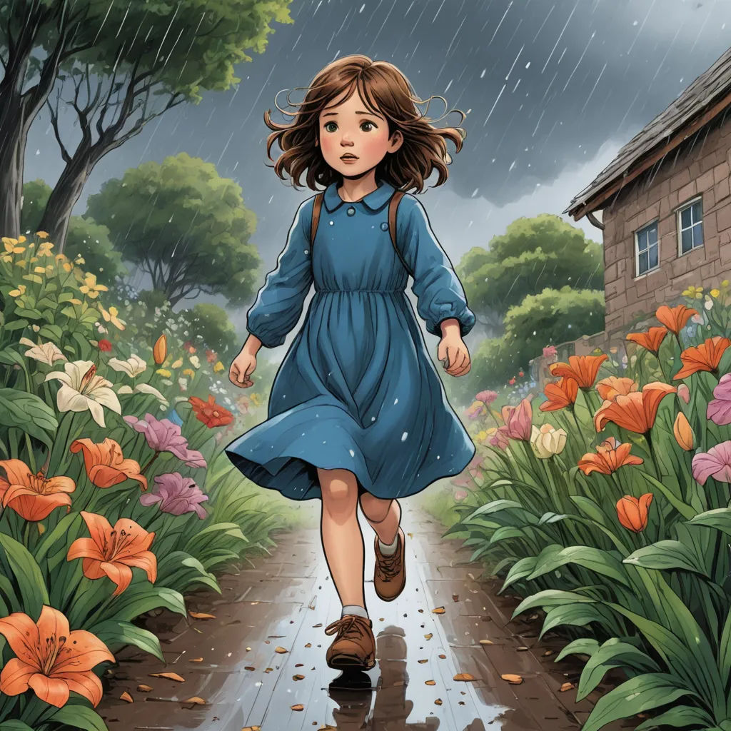 a little girl walking down a rain soaked path in a blue dress and brown boots with an umbrella over her head, magical realism, a storybook illustration, Bob Byerley, comic cover art