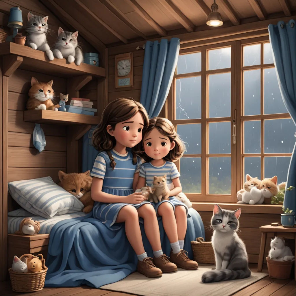 a painting of two children sitting on a bed with cats and kittens around them, and a cat sitting on the floor, furry art, a storybook illustration, Cyril Rolando, storybook illustration