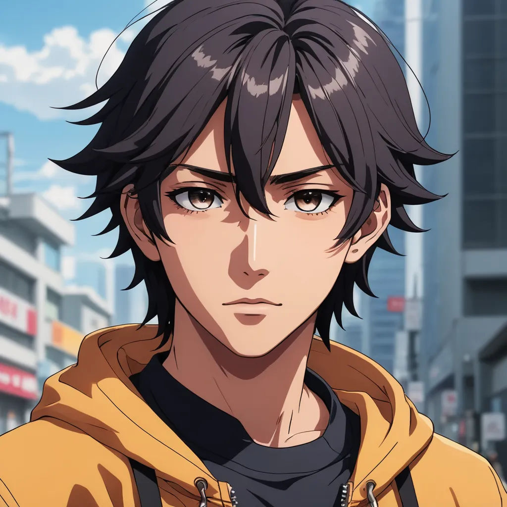 a man with black hair and a yellow jacket in a city street with buildings and buildings in the background, serial art, a character portrait, Cedric Seaut (Keos Masons), official art