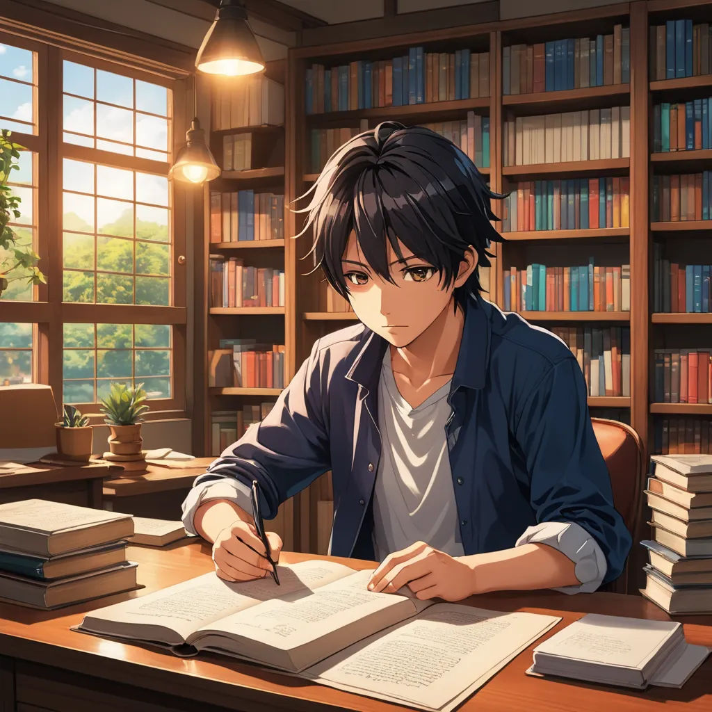 a man sitting at a desk with a book and pen in his hand and a book in front of him, remodernism, a stock photo, Aguri Uchida, official art