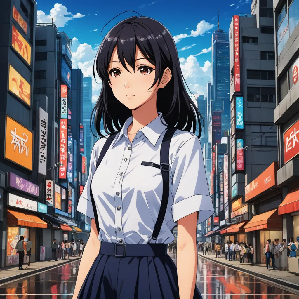 a woman in a short skirt and shirt standing in a city street with buildings and people in the background, precisionism, poster art, Ai-Mitsu, anime key visual