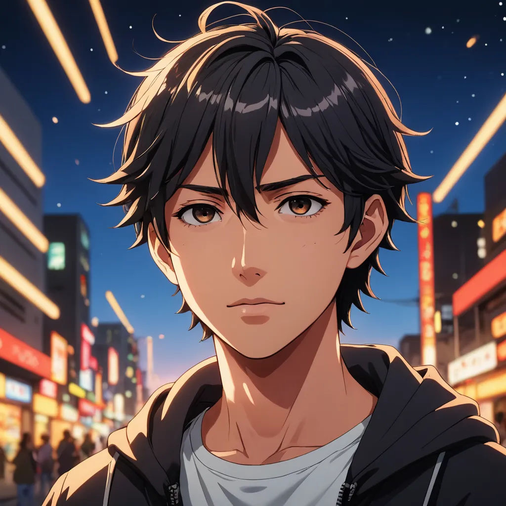 a man with black hair and a hoodie in a city at night with neon lights and buildings in the background, serial art, a character portrait, Adam Manyoki, official art