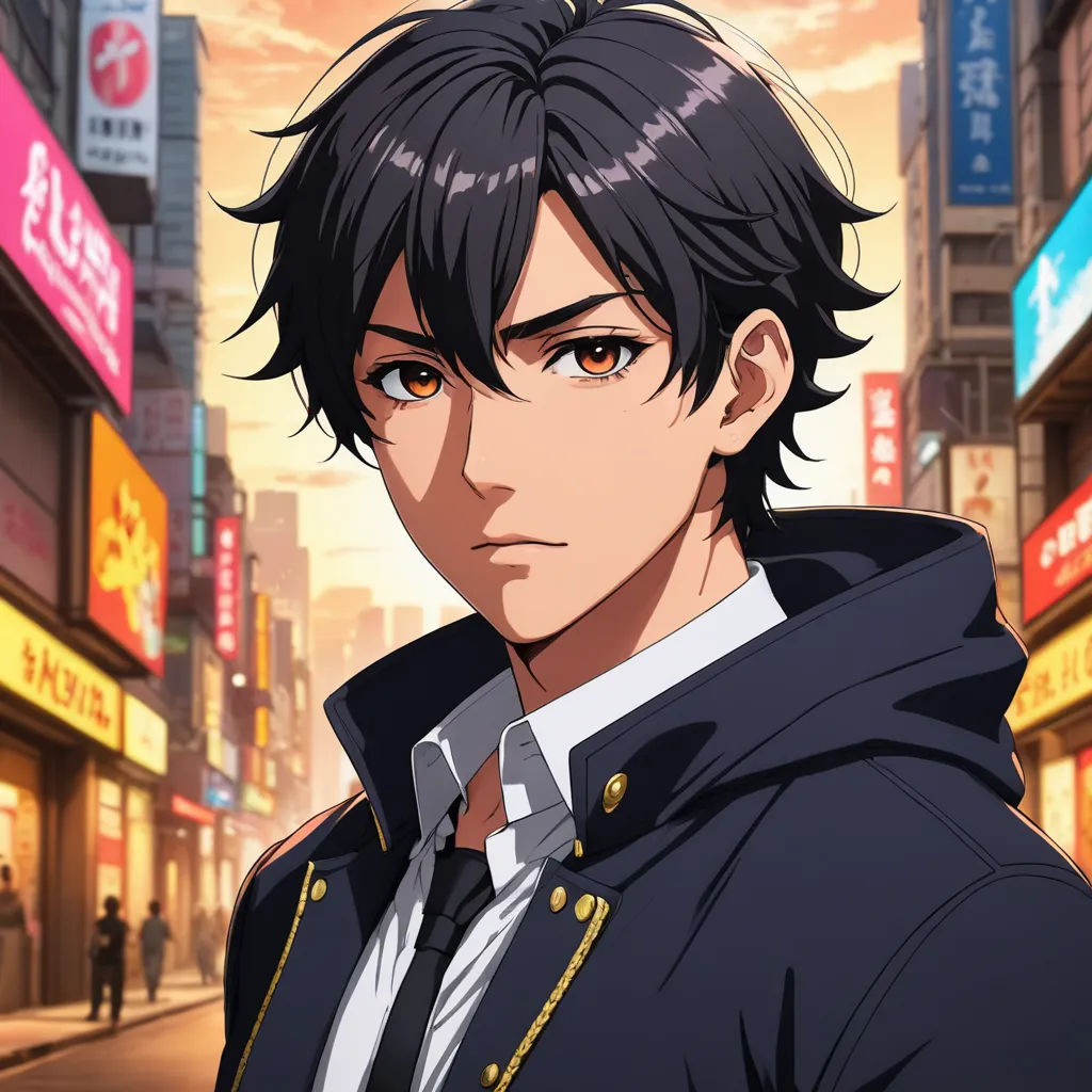 a man in a black jacket and a cityscape background with a red sky in the background and a person in the foreground, serial art, a character portrait, Ai-Mitsu, official art