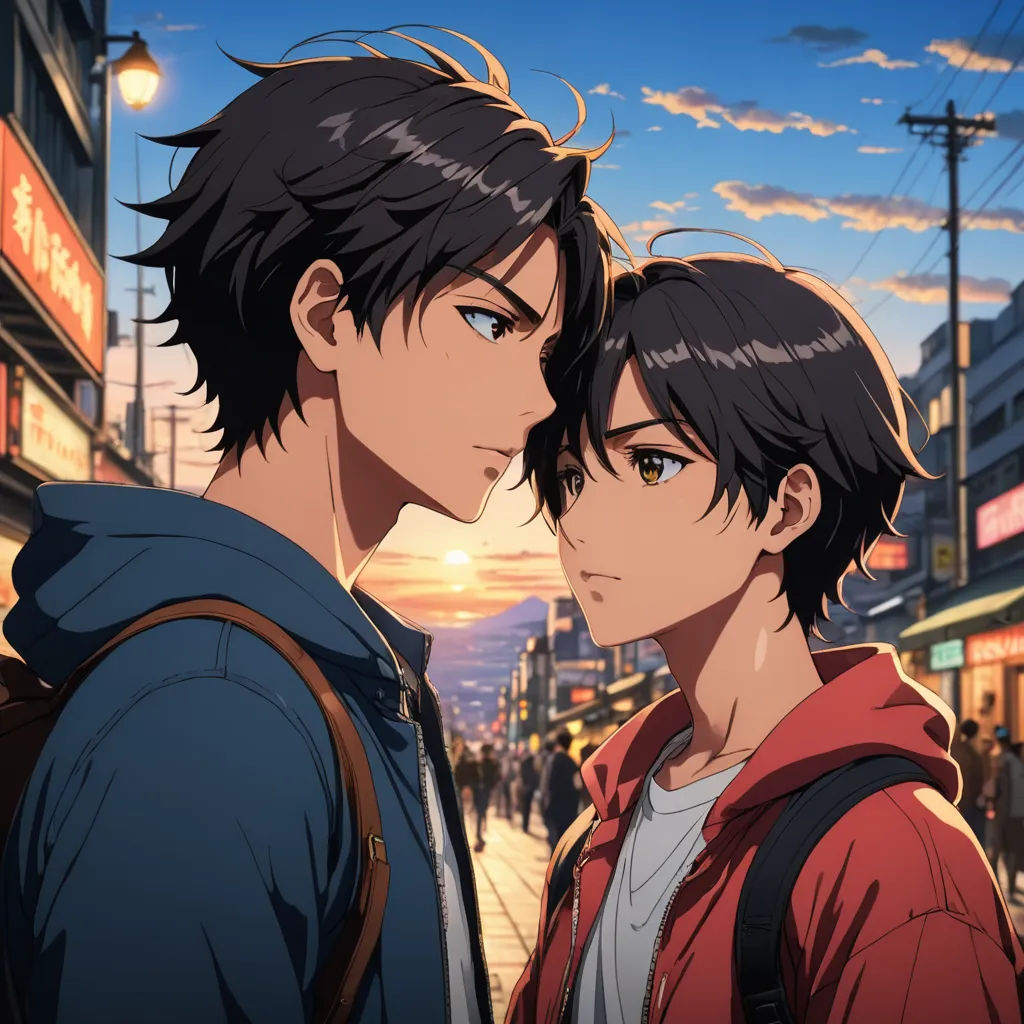 two people standing next to each other on a street at sunset with a sky background and a city street, sots art, concept art, Ai-Mitsu, official art