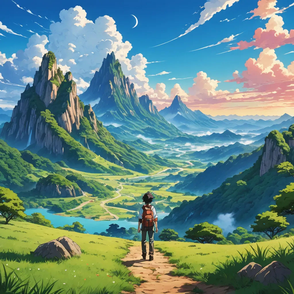 a person walking down a path in a field with mountains in the background and a river running through it, fantasy art, a detailed matte painting, Chris LaBrooy, ghibli