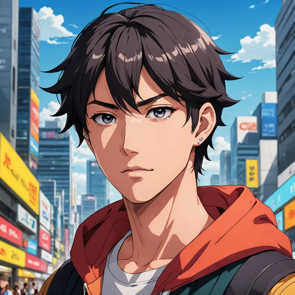 a man in a city with a red hoodie on and a cityscape in the background with buildings, sots art, a character portrait, Adam Manyoki, official art