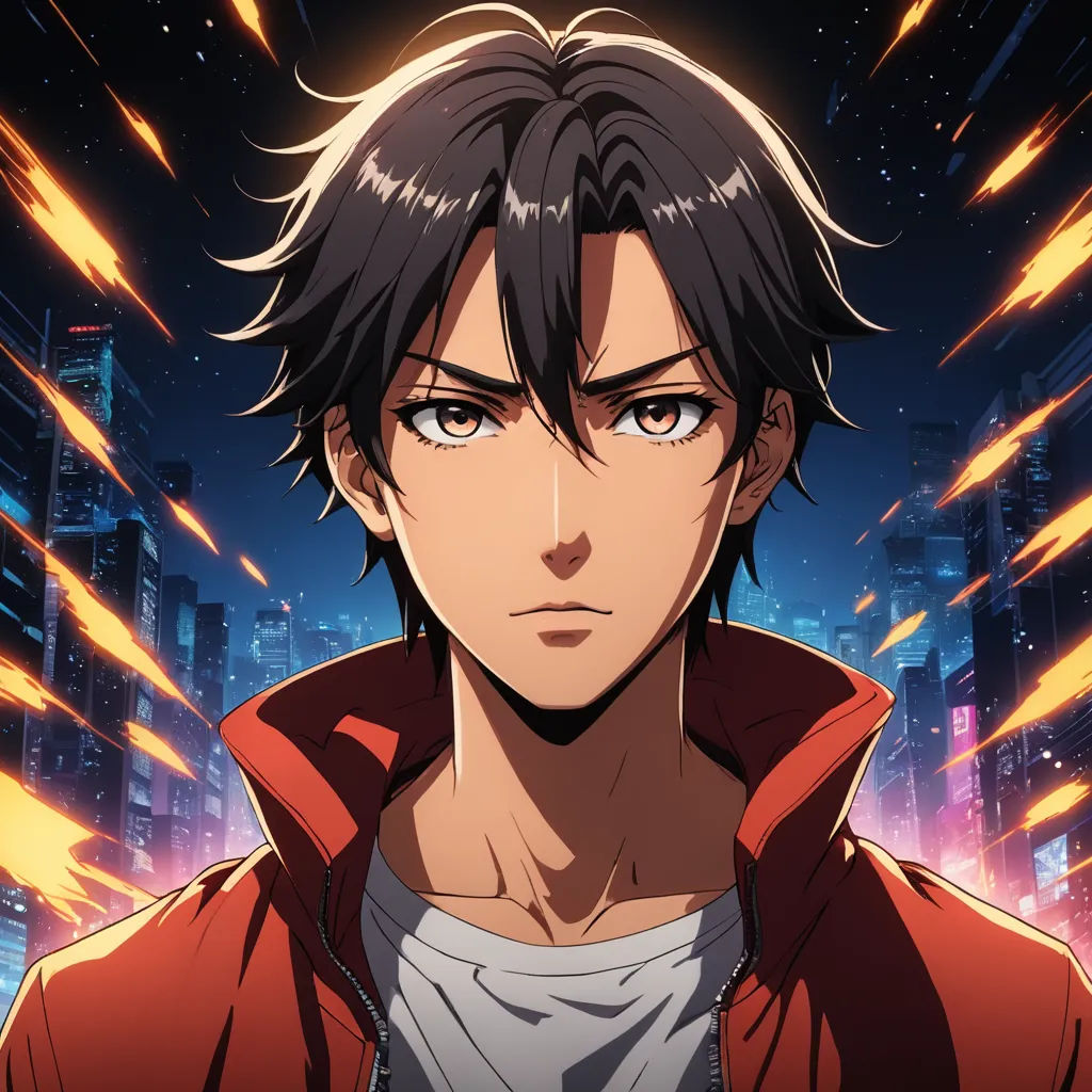 a man with black hair and a red jacket in a city at night with bright lights and a red jacket, rayonism, a character portrait, Ai-Mitsu, anime key visual