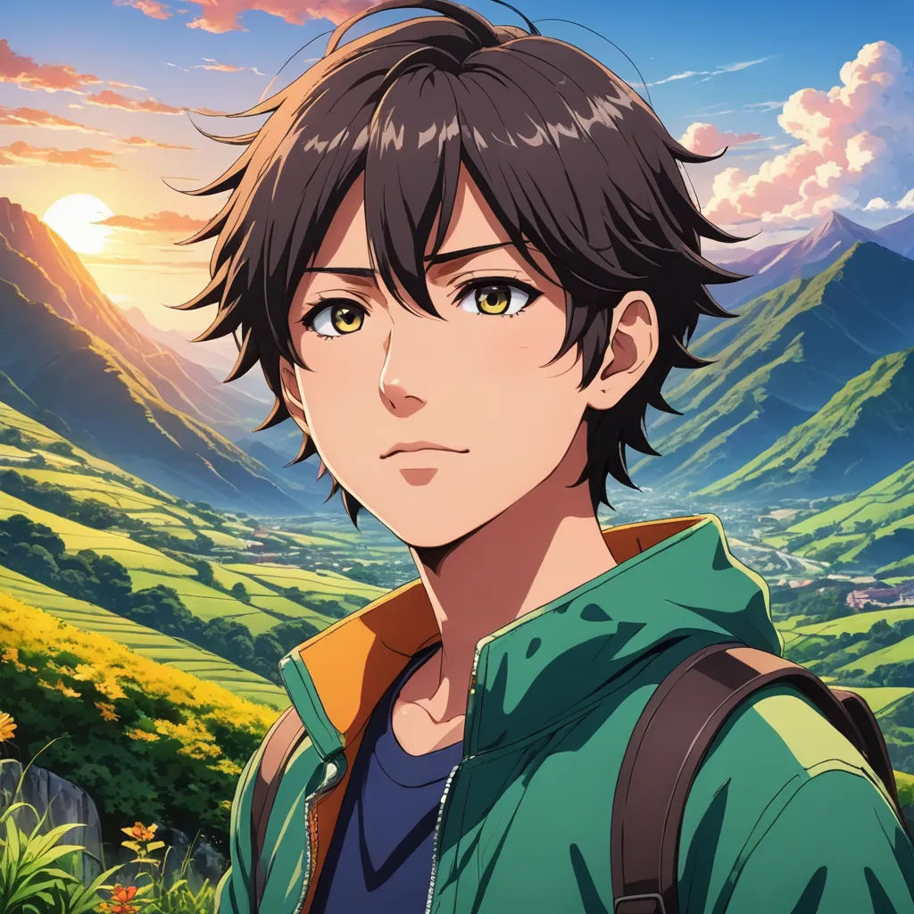 a man with a backpack looking at the camera in front of a mountain range with a sunset in the background, environmental art, a character portrait, Aguri Uchida, anime key visual