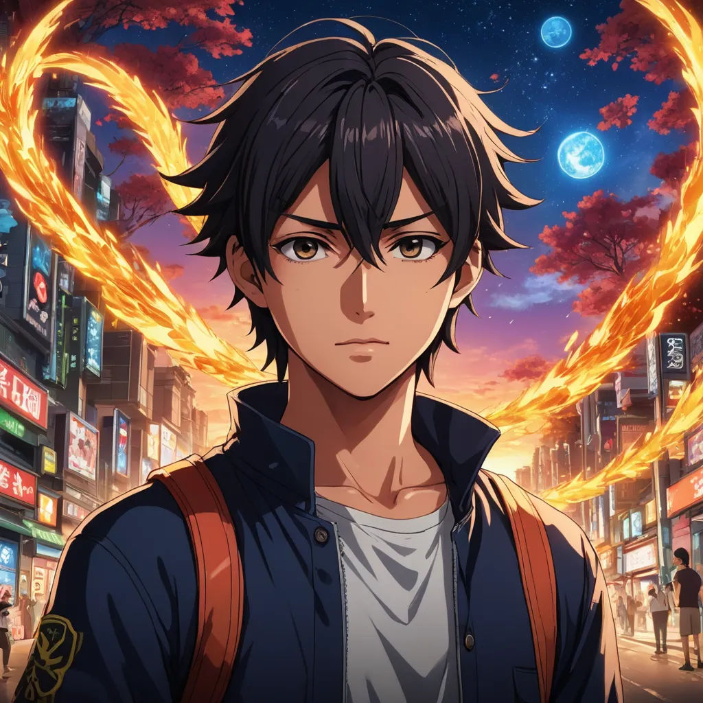 a man with a backpack and a fire ring around his neck in a city at night with people walking around, sots art, a character portrait, Ai-Mitsu, anime key visual