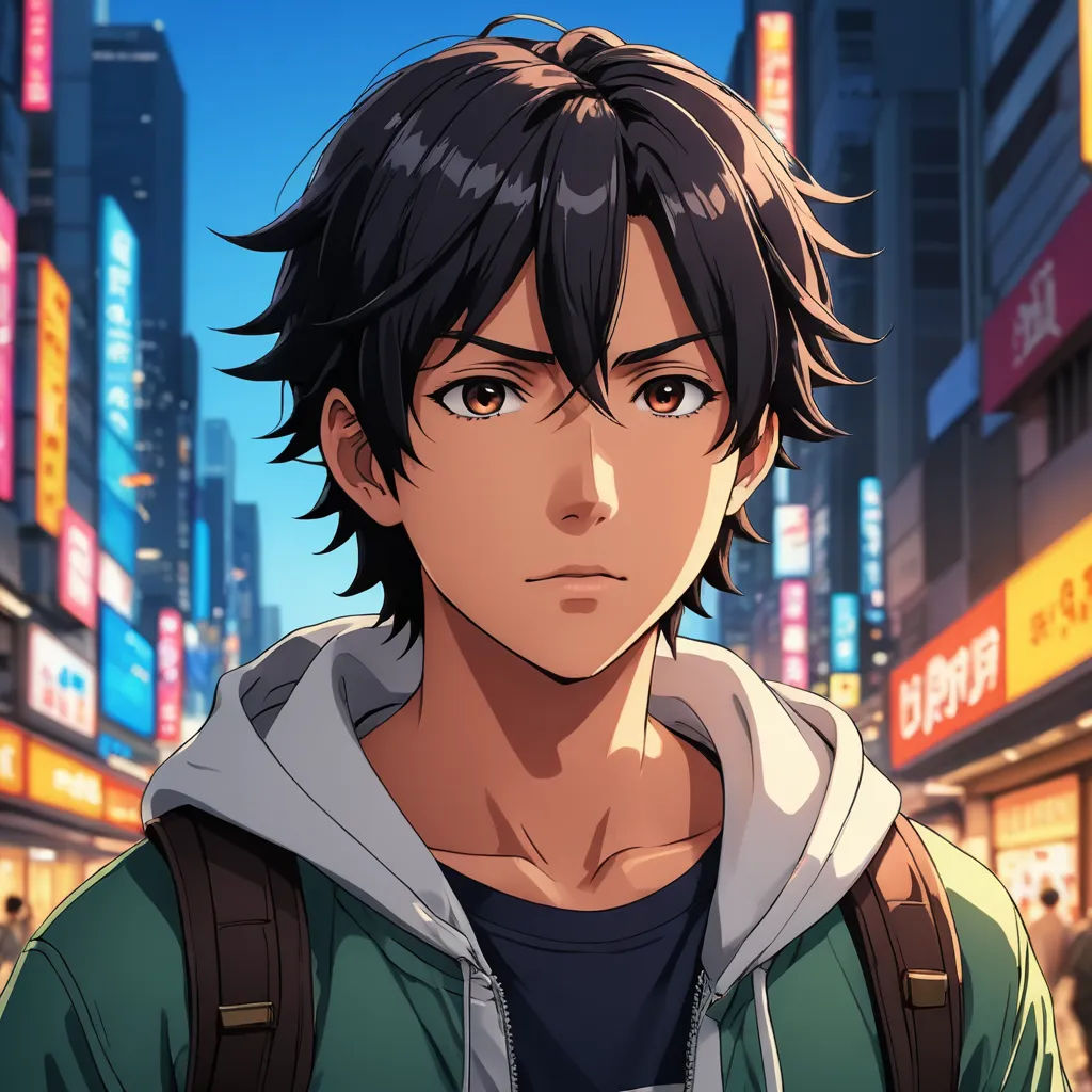 a man in a city with a backpack on his shoulder and a cityscape in the background with neon lights, sots art, a character portrait, Ai-Mitsu, official art