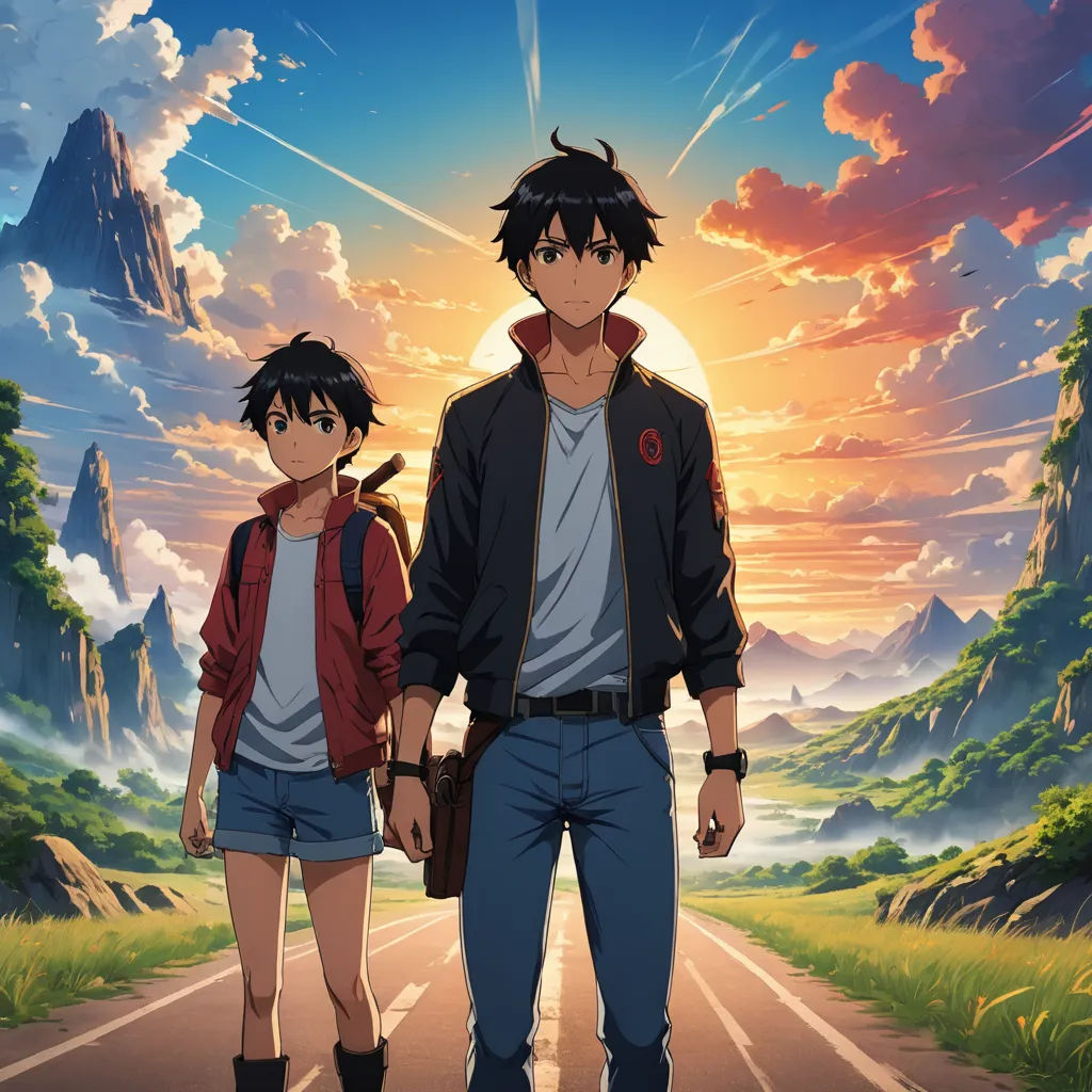 a man and a woman walking down a road in front of a sunset with mountains and clouds in the background, rayonism, poster art, Ai-Mitsu, anime key visual