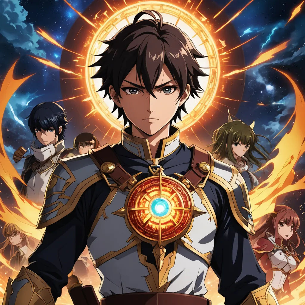 a man in a uniform with a sword in his hand and other people behind him in the background with a glowing orb, rayonism, poster art, Ai-Mitsu, anime key visual