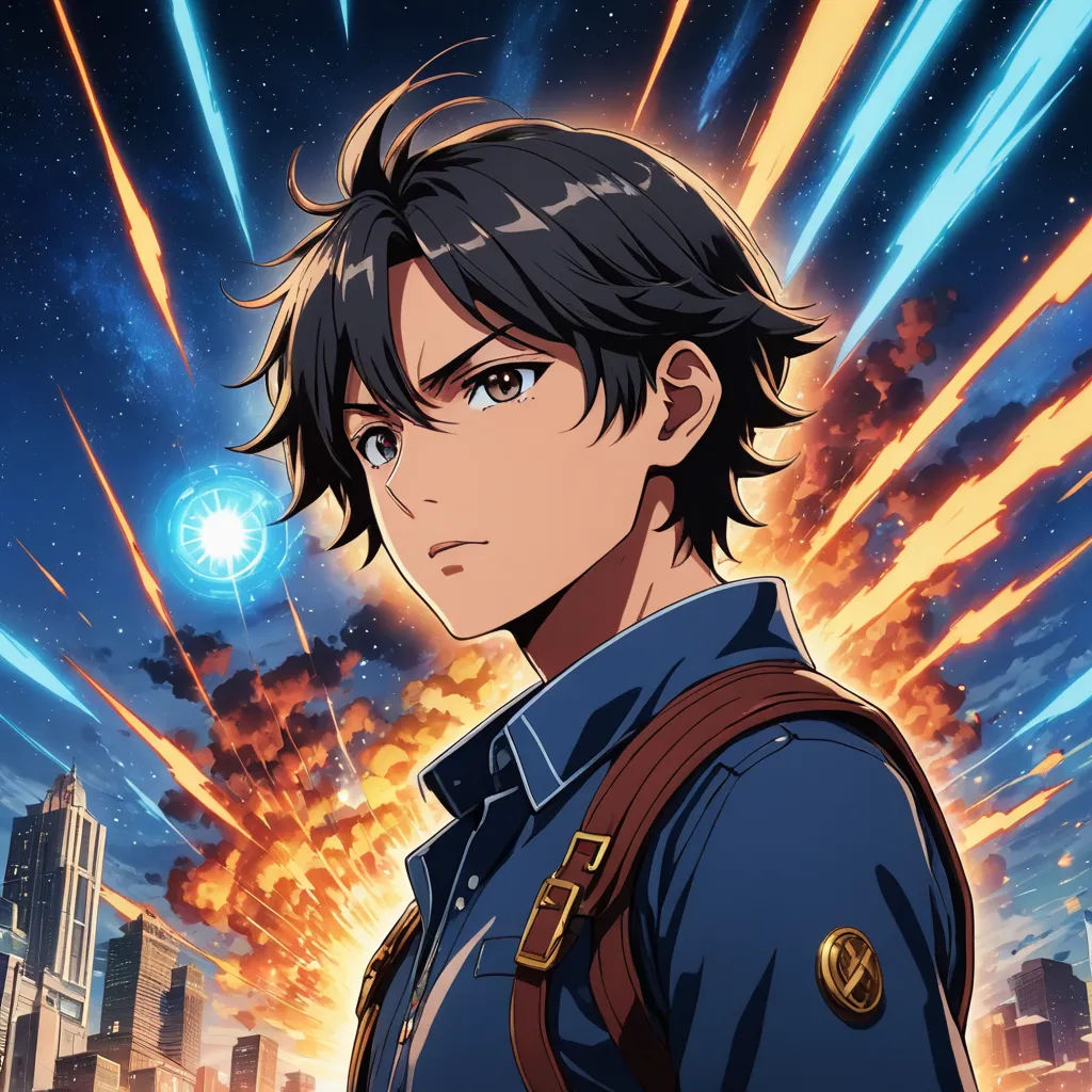 a man in uniform looking at the camera with a city in the background and a sky filled with stars, rayonism, a character portrait, Ai-Mitsu, anime key visual