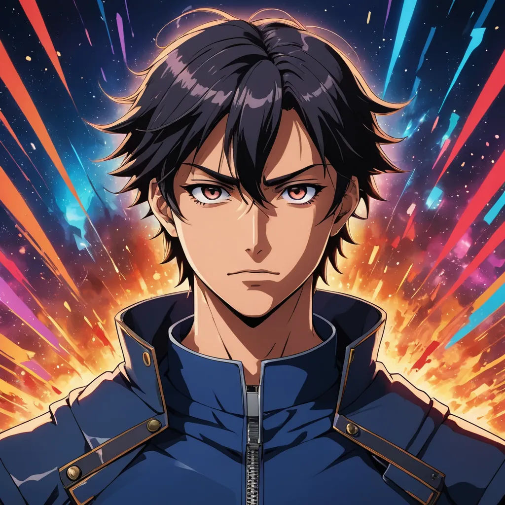 a man in a blue jacket with a red and yellow background and a red and blue background with a red and blue explosion, rayonism, a character portrait, Eizan Kikukawa, anime key visual