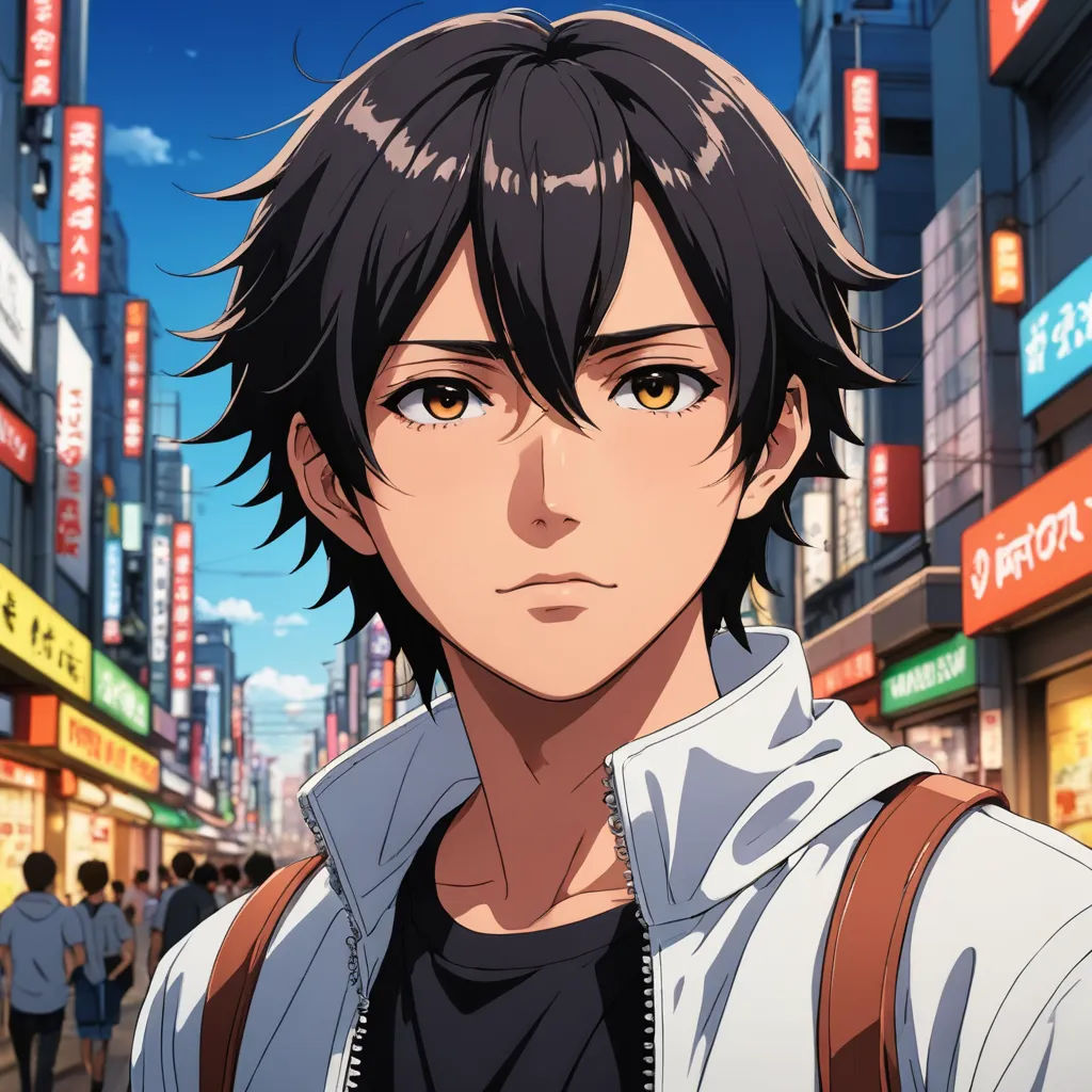 a man with black hair and a backpack on a city street with buildings in the background and people walking around, serial art, a character portrait, Cedric Seaut (Keos Masons), anime key visual