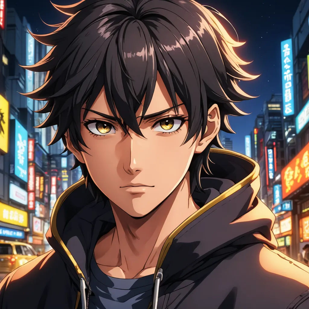 a man in a black jacket and a cityscape background with neon lights and signs in the background, serial art, a character portrait, Cedric Seaut (Keos Masons), official art