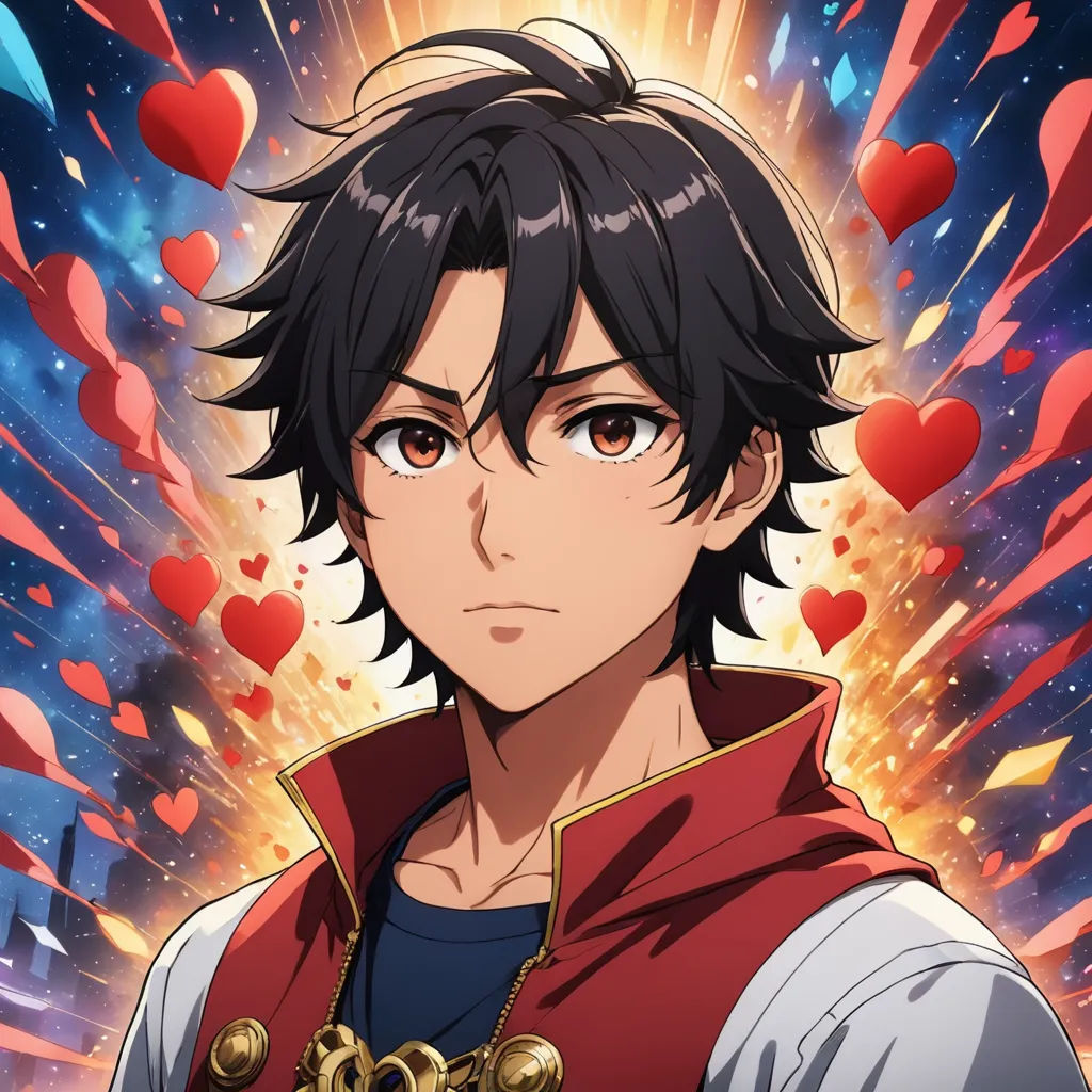 a man in a red and white outfit with hearts around him and a red heart in the background with a red and blue background, sots art, a character portrait, Ai-Mitsu, anime key visual