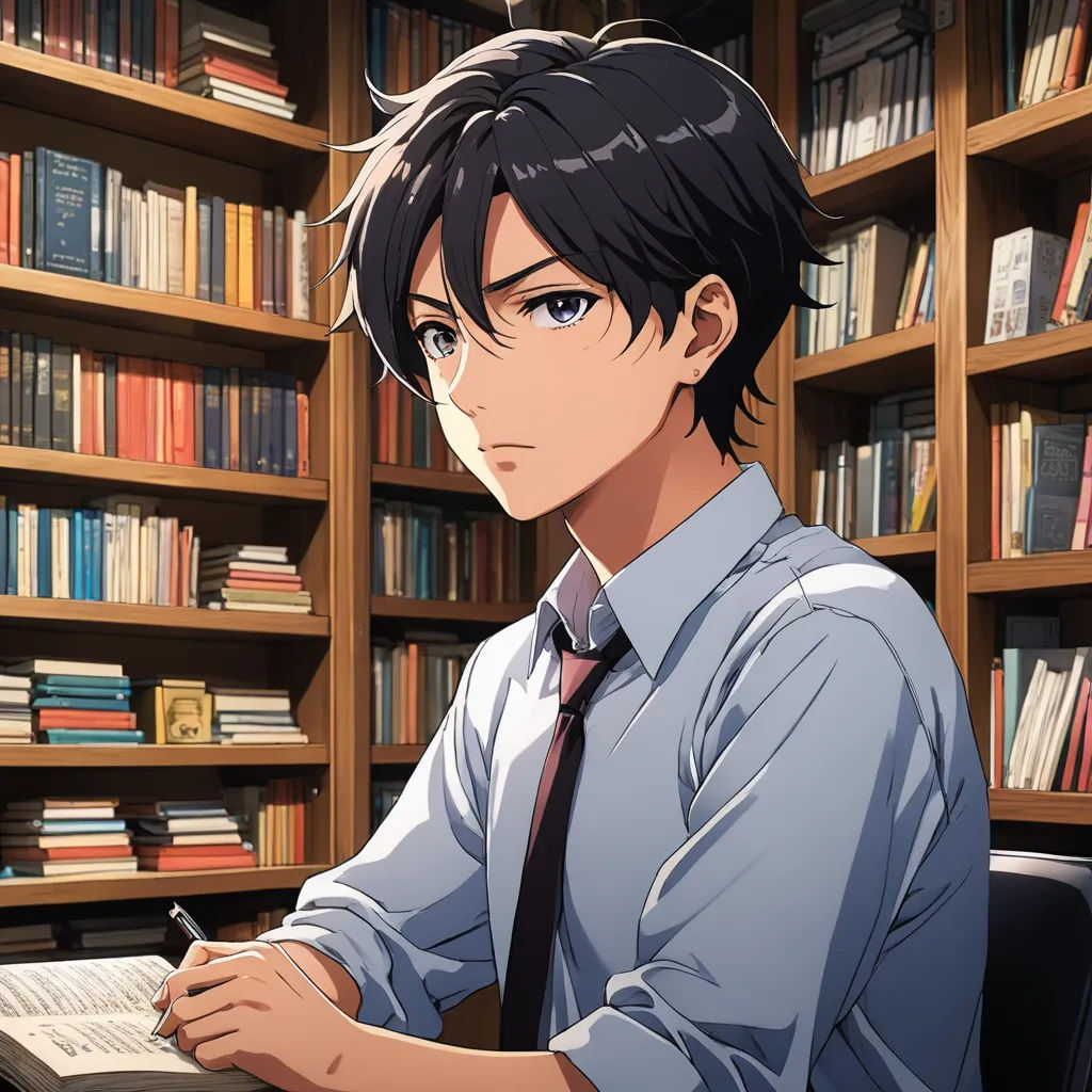 a man sitting at a desk in front of a book shelf with books on it and a pen in his hand, remodernism, a character portrait, Aguri Uchida, official art